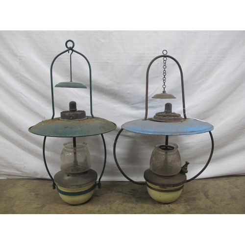 Two painted hanging paraffin lamps - approx 59cm tall