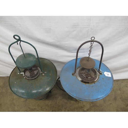 Two painted hanging paraffin lamps - approx 59cm tall