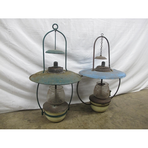 28 - Two painted hanging paraffin lamps - approx 59cm tall