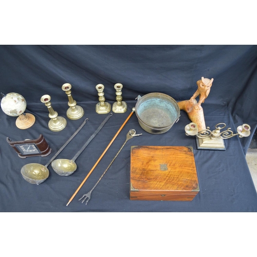 32 - Group of sundry items to include: two pairs of brass candlesticks, desk globe, carved owl and Smith ... 