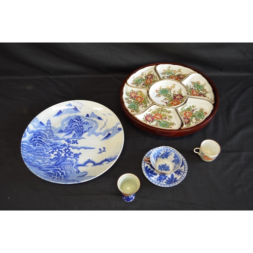 46 - Group of Oriental ceramics to comprise: Lazy Susan - 32cm dia, blue & white decorated plate - 30.5cm... 