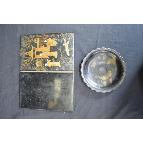 50 - Chinese black lacquered ink blotter having gilt decoration of figures and pagodas - 15cm x 23cm toge... 