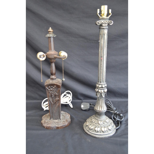85 - Painted metal table lamp with floral decoration on shaped base - 48.5cm tall together with one other... 
