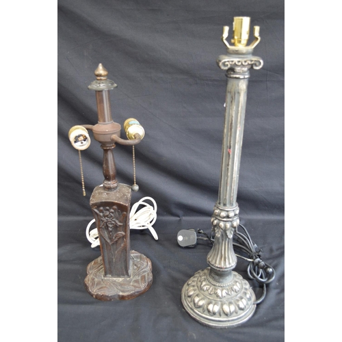 85 - Painted metal table lamp with floral decoration on shaped base - 48.5cm tall together with one other... 