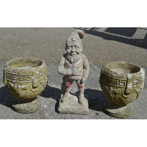 126 - Pair of goblet urns - 27cm tall together with a gnome - 43cm tall