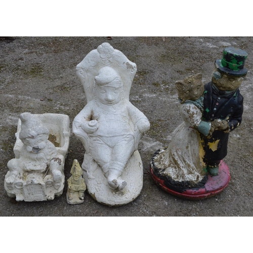 128 - Two gnome statues, gnome planter and statue of two cats - cats 54cm tall