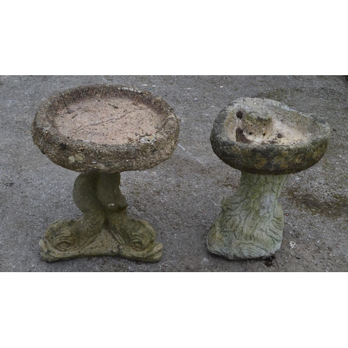 132 - Two small bird baths with tree and fish formed bases - 41cm and 45cm tall