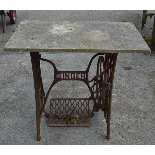 135 - Metal Singer sewing machine base with marble top - 80cm wide x 74cm tall