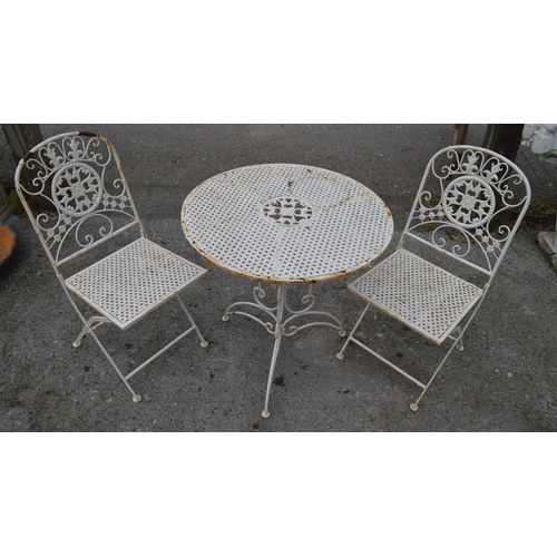 138 - Metal folding patio table - 70cm x 73cm tall with two matching chairs