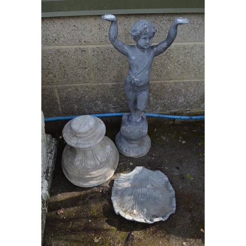 214 - Lead shell top bird bath, the bowl being supported by young boy and standing on later concrete plint... 