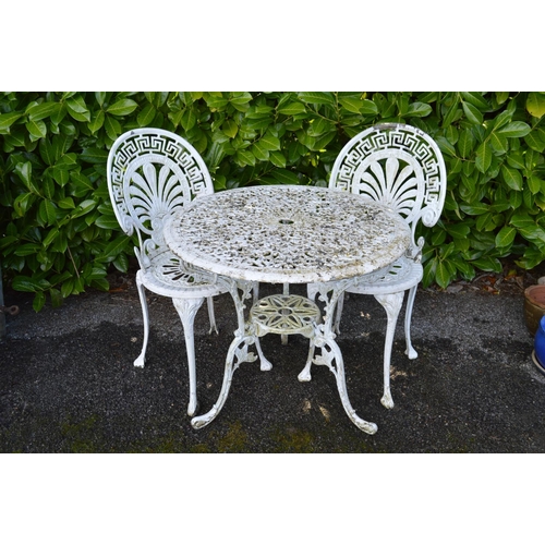 59 - White painted aluminium circular garden table - 73cm dia x 69cm tall together with two chairs