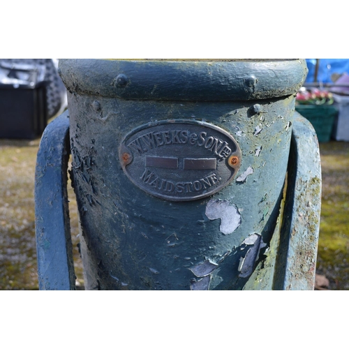 65 - Galvanised and iron painted W Weeks & Sons Ltd barrow water pump - 153cm long x 85cm tall