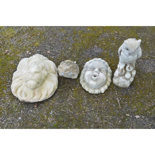 82 - Lion face plaque - 31cm wide together with two water features and an owl statue