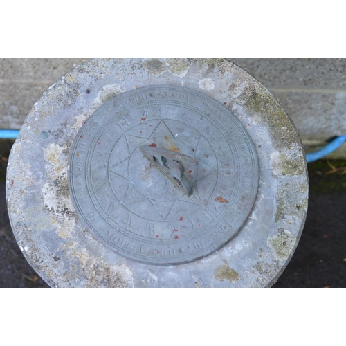 30 - Circular sundial with brass top on column support - 31cm dia x 73.5cm tall