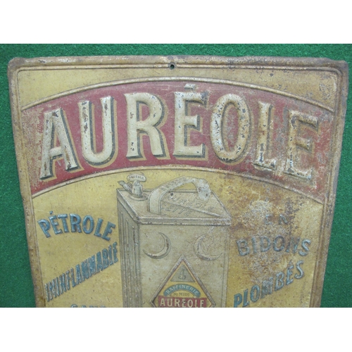 159 - Pressed tin sign for Aureole Petrole featuring a five litre can with top handle and tap, in six colo... 