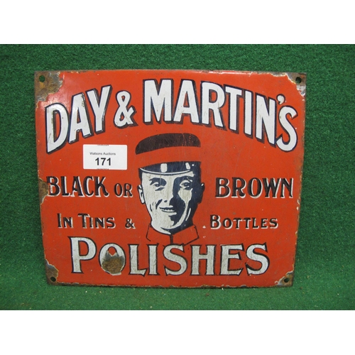 171 - Small enamel sign for Day & Martin's Polishes, Black Or Brown In Tins And Bottles featuring a smilin... 