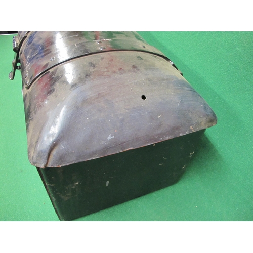 106 - Large and substantially riveted metal dome top trunk reputed to be a running plate tool and oil can ... 