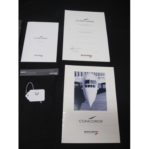 107 - Two 1990's British Airways Concorde flight folders, one containing a stationery pack, pen, flight ce... 