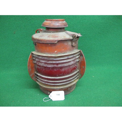 118 - Large red Southern Region level crossing gate oil lamp with front and rear red lenses,  interior fue... 