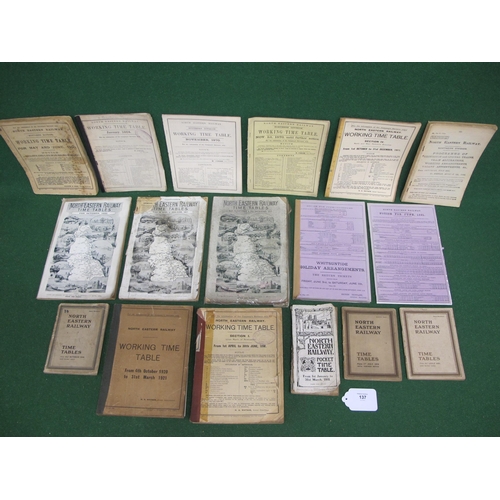 137 - Fifteen North Eastern Railway (NER) timetables for 1864, 1870 (x2), 1881, 1900 (x2), 1901, 1907, 191... 