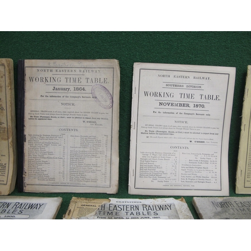 137 - Fifteen North Eastern Railway (NER) timetables for 1864, 1870 (x2), 1881, 1900 (x2), 1901, 1907, 191... 