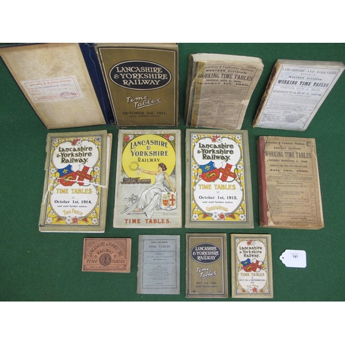 141 - Eleven Lancashire & Yorkshire Railway (L&YR) timetables for 1851, 1874, 1896, 1908, 1910, 1912, 1914... 