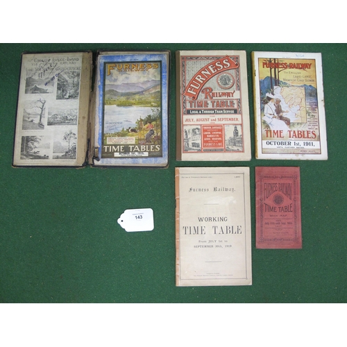 143 - Five Furness Railway (FR) timetables for 1906, 1911, 1915 (x2) (one has a colour map) and 1919