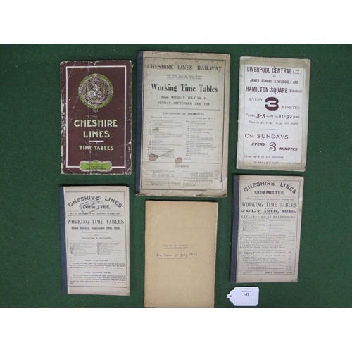 147 - Six Cheshire Lines Committee (CLC) timetables for 1897, 1915 (x2), 1926, 1928 and one unknown date