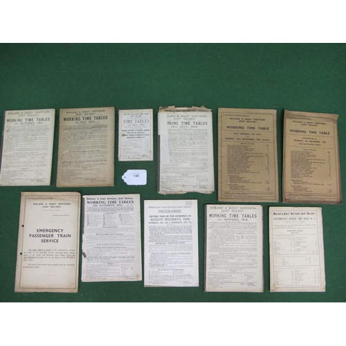 149 - Ten Midland & Great Northern Joint Railway (M&GNJR) timetables for 1900, 1908, 1911, 1914 (x2), 1920... 