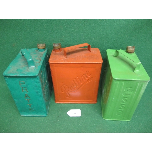 15 - Three painted two gallon fuel cans to comprise: Pratts with Pratts cap, Redline with plain cap and E... 