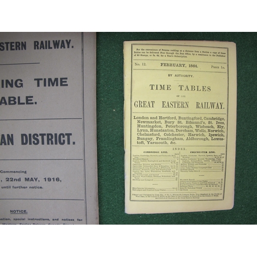 152 - Eleven Great Eastern Railway (GER) timetables for 1864, 1875, 1904, 1913, 1914 (x2), 1916 (x2), 1920... 