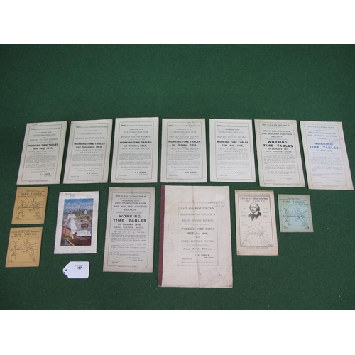 157 - Thirteen Stratford-upon-Avon & Midland Junction Railway (SMJR) timetables for 1908, 1911, 1912 (x2),... 