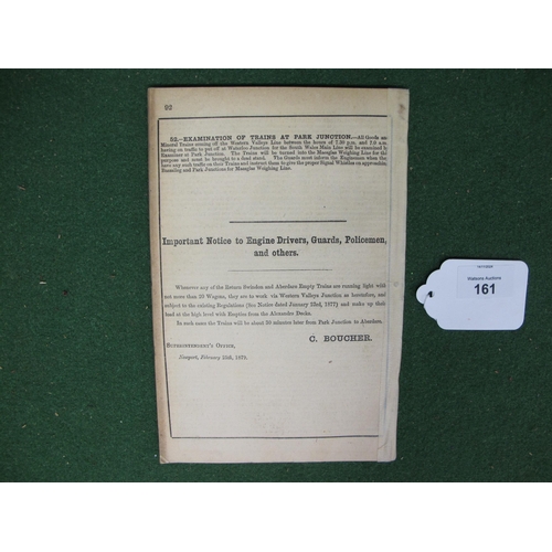 161 - A Monmouthshire Railway & Canal Company Alterations in Working Timetable & Regulations publication f... 