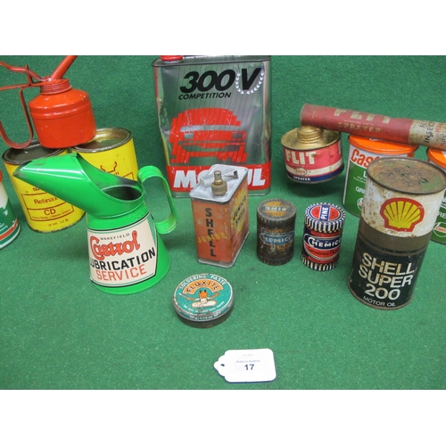 17 - Box of oil and grease cans to include an unopened Shell Super 200 Motor Oil can, a Shell Junior ligh... 