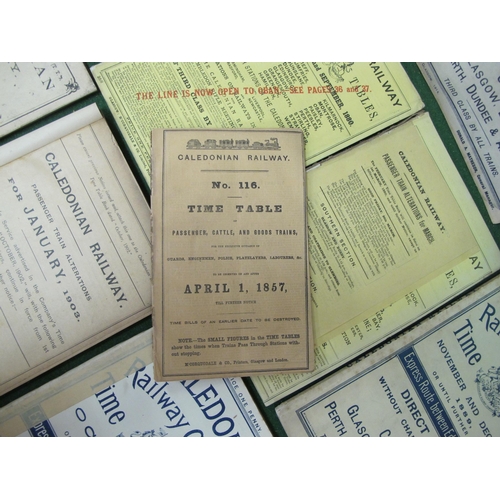 171 - Eighteen Caledonian Railway (CR) timetables for 1857, 1871, 1875, 1877, 1879, 1880 (x2), 1893, 1900 ... 