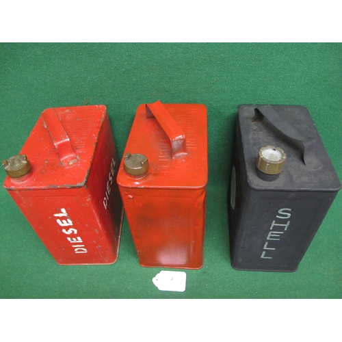 2 - Three 2 gallon fuel cans with caps to comprise: Shell, Diesel and WD 1944 (with arrow)