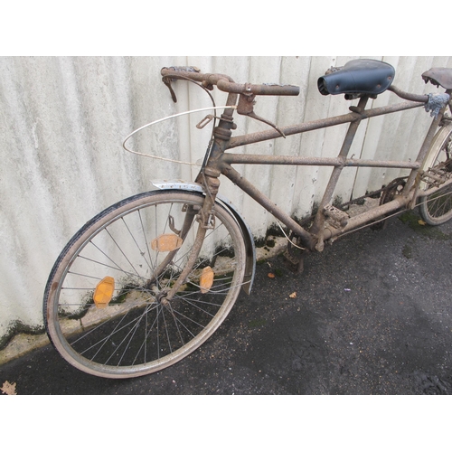 203 - Old tandem bicycle of unknown manufacture with centre pull front brakes, a Brooks saddle, three gear... 