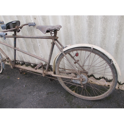 203 - Old tandem bicycle of unknown manufacture with centre pull front brakes, a Brooks saddle, three gear... 