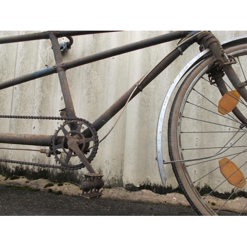 203 - Old tandem bicycle of unknown manufacture with centre pull front brakes, a Brooks saddle, three gear... 