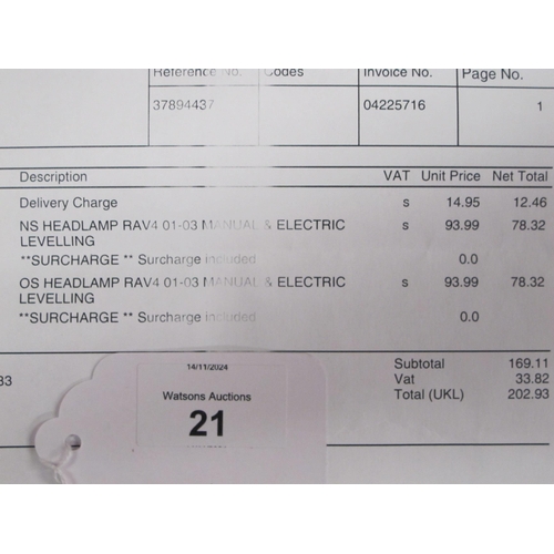 21 - Pair of boxed Toyota Rav4 replacement headlamp units with fitting instructions