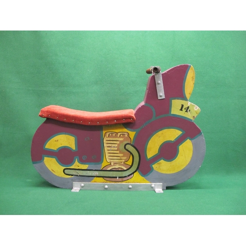 212 - Ex-fairground ride painted wooden motorbike with metal handle bars and padded seat for two, stencill... 