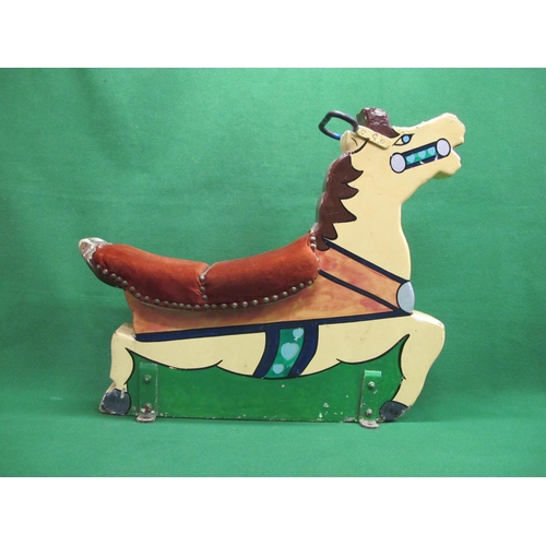 213 - Ex-fairground ride painted wooden horse with metal loop handle and padded seats for two - 46