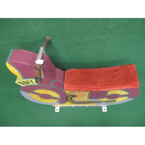 214 - Ex-fairground ride painted wood motorbike with metal handle bars and padded seat for two, stencilled... 