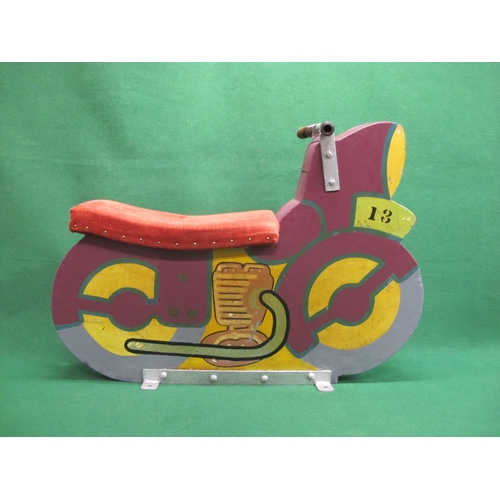 214 - Ex-fairground ride painted wood motorbike with metal handle bars and padded seat for two, stencilled... 