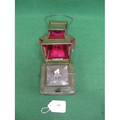 220 - WWII Ministry of Supply 1941 blackout marker lantern with four red glass shrouded windows, top handl... 