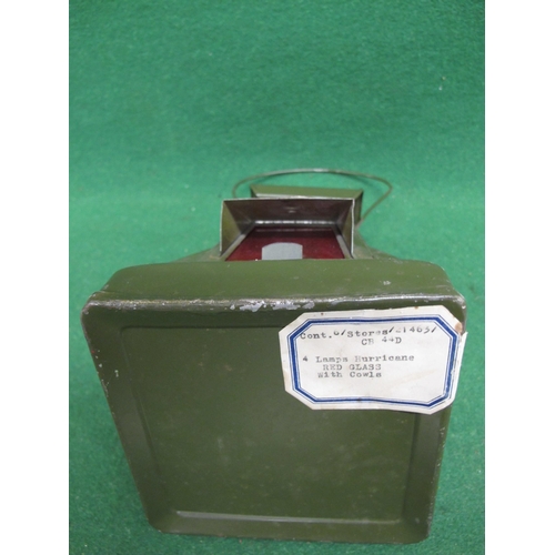 220 - WWII Ministry of Supply 1941 blackout marker lantern with four red glass shrouded windows, top handl... 