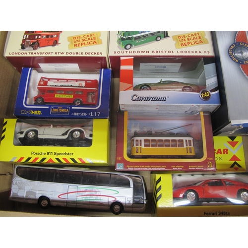 256 - Box of boxed lorries, buses, cars and a tram from Atlas, Corgi, Tomy, Cararama and Amarelis (Portuga... 