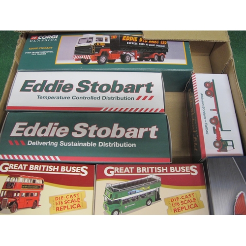 256 - Box of boxed lorries, buses, cars and a tram from Atlas, Corgi, Tomy, Cararama and Amarelis (Portuga... 