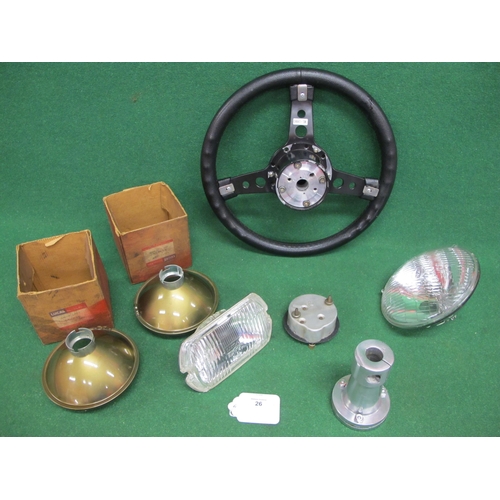 26 - Slightly dished Mountney steering wheel with splined boss, clockwork dashboard clock (working), four... 