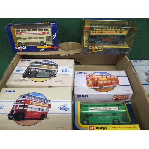 261 - Eleven boxed Corgi diecast model buses to include: Cityrama, Sightseeing, Airbus, 007's San Monique ... 